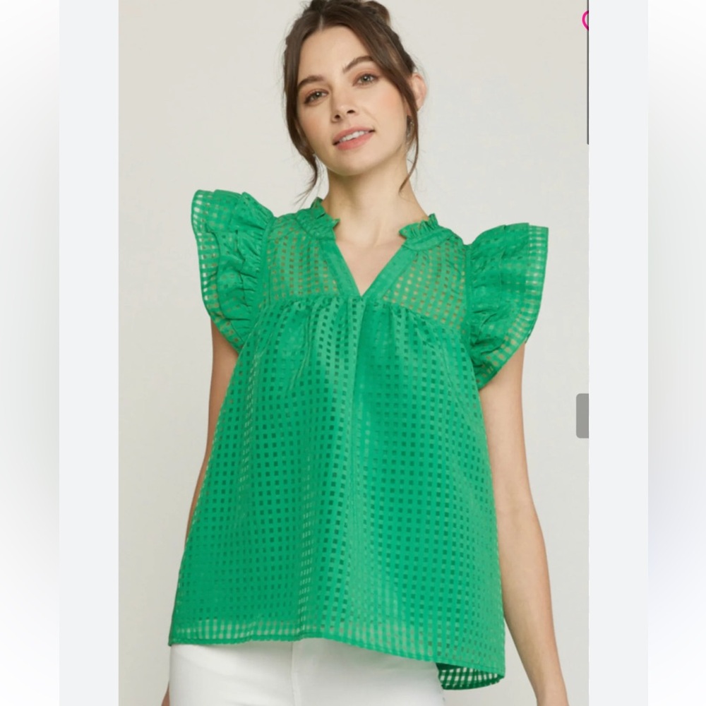 Entro Kelly Green Flutter Sleeve Blouse Size L